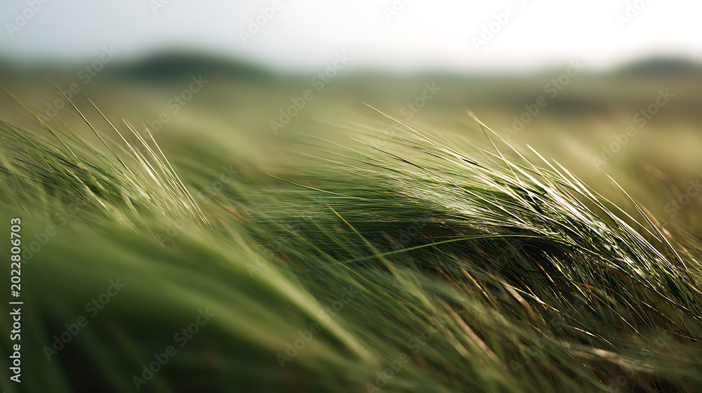 Fototapeta premium Close up of vibrant green blades of grass swaying in a gentle breeze across an open field, bathed in soft, natural light, serene atmospheric image