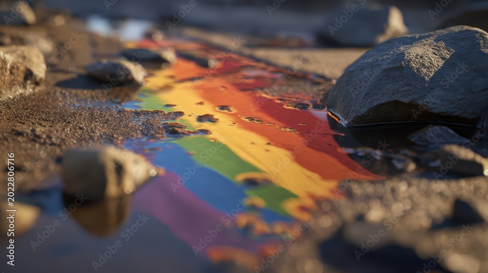 Fototapeta premium Vivid Rainbow in Nature's Embrace: A vibrant rainbow paints a colorful streak across a puddle, reflecting the beauty of diversity and the tranquility of the natural world.