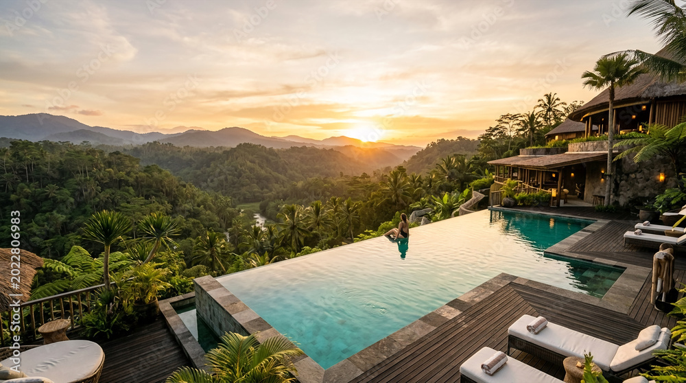 Fototapeta premium Luxury resort infinity pool overlooking tropical jungle valley at golden sunset