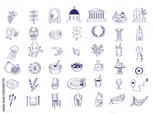 Hand drawn Greece doodles with Mediterranean travel symbols, Greek food, coastal architecture and summer vacation icons