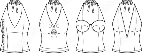 Fashion sketches of halter tops with various necklines and details.