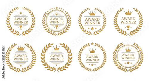 Set of Eight Elegant Golden Award Winner Laurel Wreath Emblems with Crown and Trophy Icons for Certification and Achievement Honors
