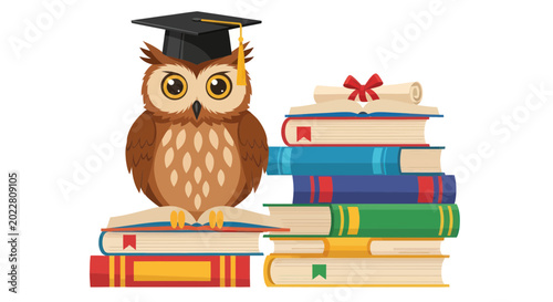 Bild auf Leinwand Wise Owl Wearing Graduation Cap Sitting on Stack of Books
