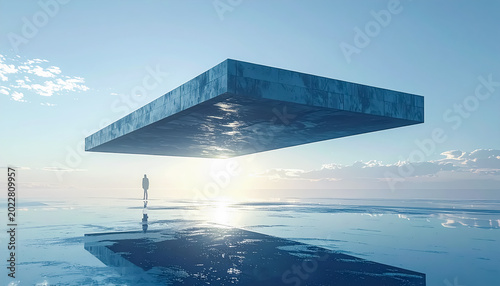 Massive Floating Monolith Above a Reflective Ocean Landscape in Futuristic Blue Light