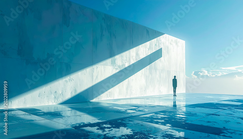 Lone Figure Standing Beside Monumental Minimal Architecture with Dramatic Light and Reflection