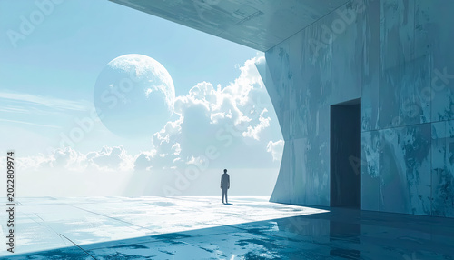 Lone Figure Beneath Monumental Futuristic Architecture with a Giant Moon and Reflective Horizon