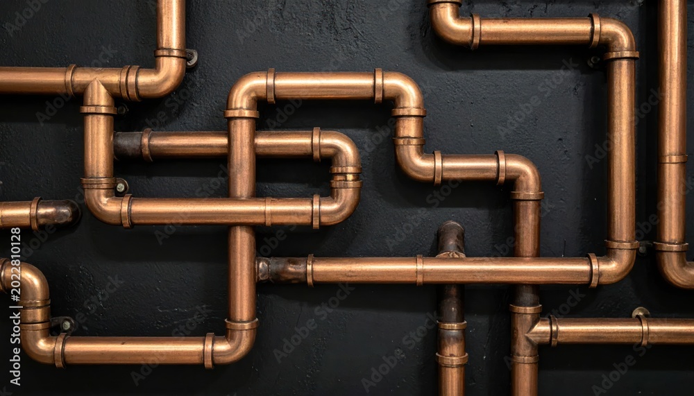 Fototapeta premium Intricate Network of Copper Pipes on a Dark Textured Wall.