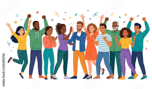 Bild auf Leinwand Diverse men and women celebrating together with joyful expressions and unity in