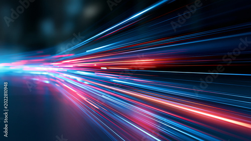 Vibrant neon light trails converging in a futuristic abstract composition, speed and digital innovation concept, motion graphic background, vivid colors on dark, with copy space