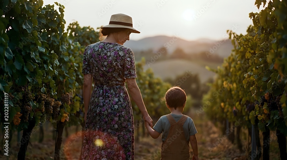 Fototapeta premium Woman in floral dress and straw hat walks hand in hand with young child through sun-drenched vineyard rows at golden hour sunset.