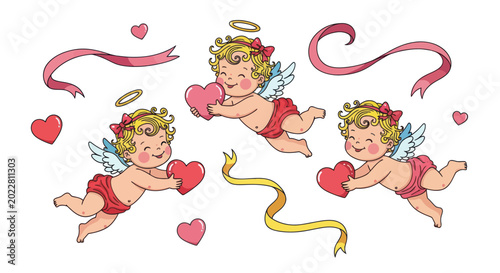 Valokuva Cute Cupids with Hearts and Ribbons, Valentine's Day Illustration