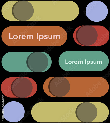 Abstract digital interface background featuring a collection of vibrant, graphic sliding switches and 3D buttons, perfect for technology, software, and web development layouts.