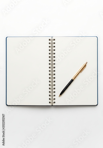 Open spiral bound notebook with pen on white background transparent background