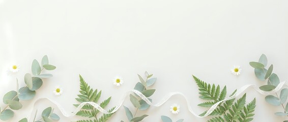 Flat lay arrangement of green eucalyptus leaves, fern fronds and white daisy flowers on light background for natural botanical design projects.