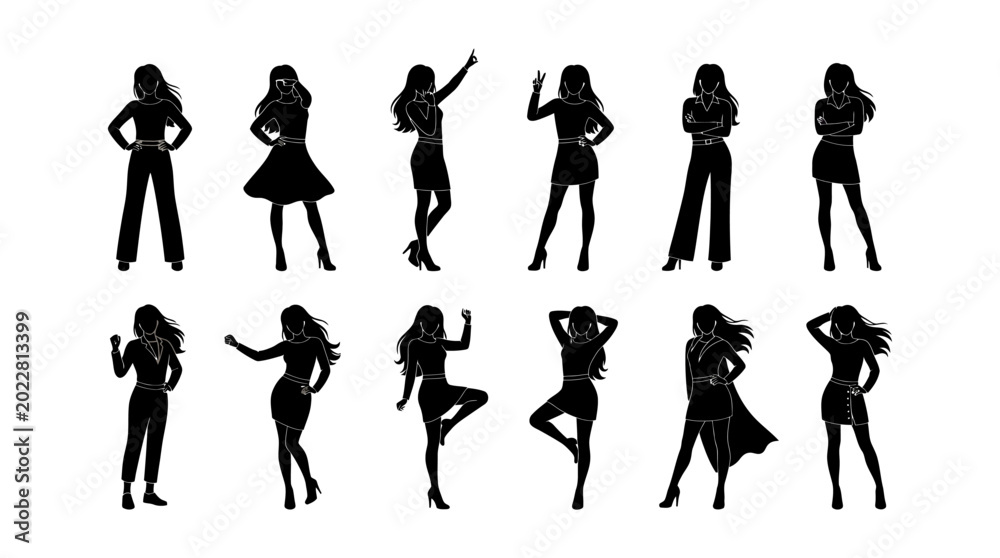 Fototapeta premium Collection of female silhouettes in various fashion and dance poses