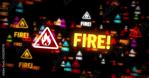 Fire alert symbol light flashing on screen. Fly between Flame danger warning icon. Loopable and seamless abstract concept.