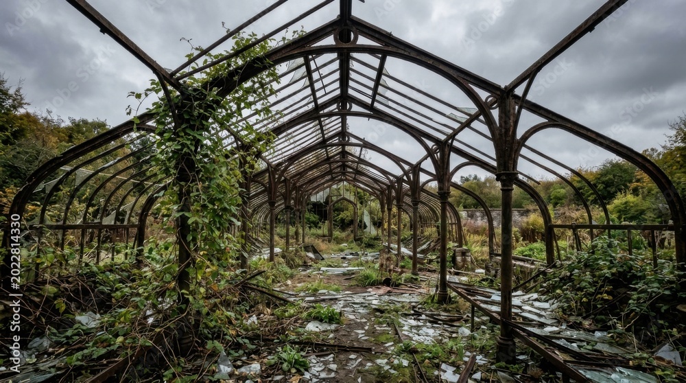 Naklejka premium Abandoned greenhouse structure with overgrown plants under a cloudy sky.