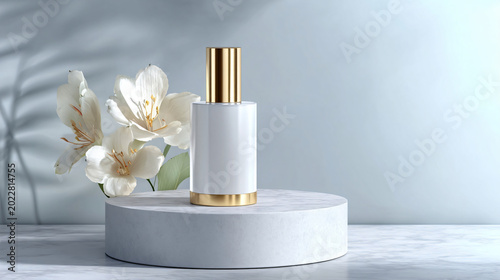 Ethereal Elegance: A sophisticated white perfume bottle with a gold cap rests on a minimalist pedestal, adorned with delicate white flowers and soft shadow patterns.