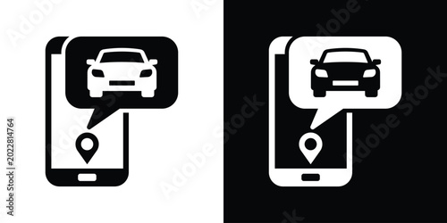 Smartphone icon with a car in a speech bubble and a location pin. Perfect for ride-sharing apps, online taxi booking services, navigation, and vehicle tracking systems.