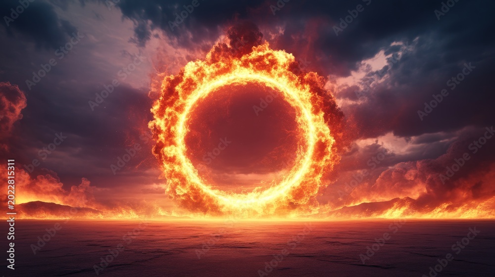 Fototapeta premium Cosmic Inferno Portal A central, monumental fiery ring blazes above a scorched earth and burning horizon, framed by dark, stormy clouds â€“ an apocalyptic gateway of immense energy.