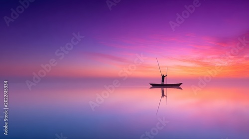 Serene Dusk: A solitary figure navigates a small boat across tranquil water under a gradient sky, the calm reflections mirroring the colorful expanse, creating a scene of peace and solitude.