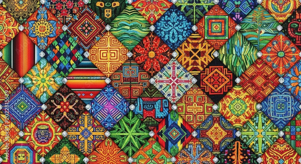 Fototapeta premium Intricate mosaic of vibrant, colorful, hand-stitched ethnic textile patterns forming a decorative, abstract geometric background with detailed textures.