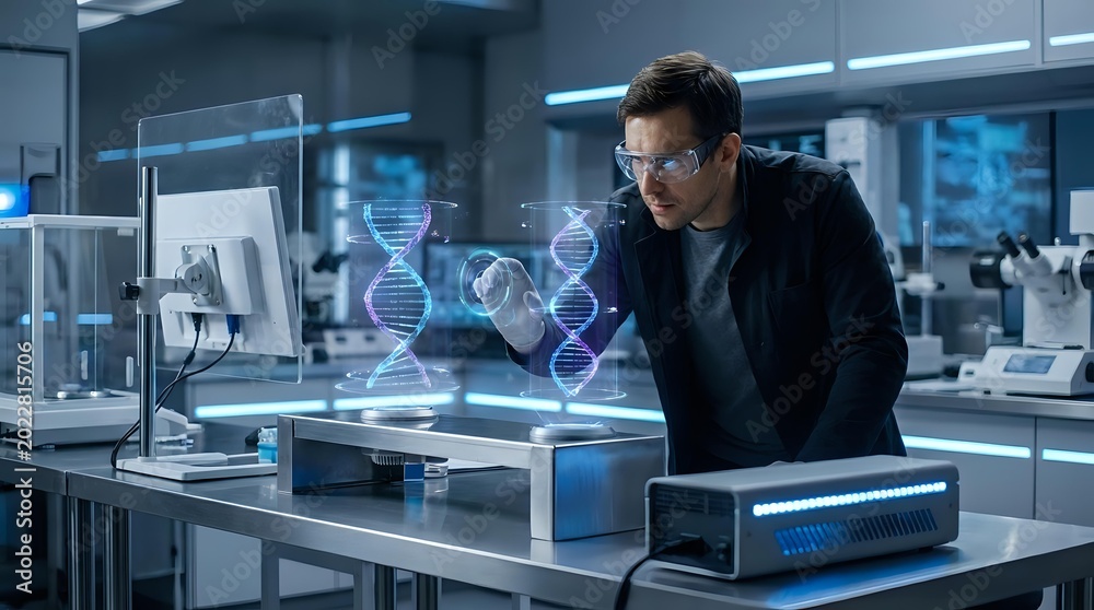 Fototapeta premium Male scientist examining holographic DNA structure in modern laboratory with advanced technology and digital displays for genetic research applications.