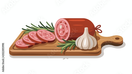A sliced sausage roll sits on a wooden cutting board decorated with fresh sprigs of green rosemary and a whole white garlic bulb against a plain background.
