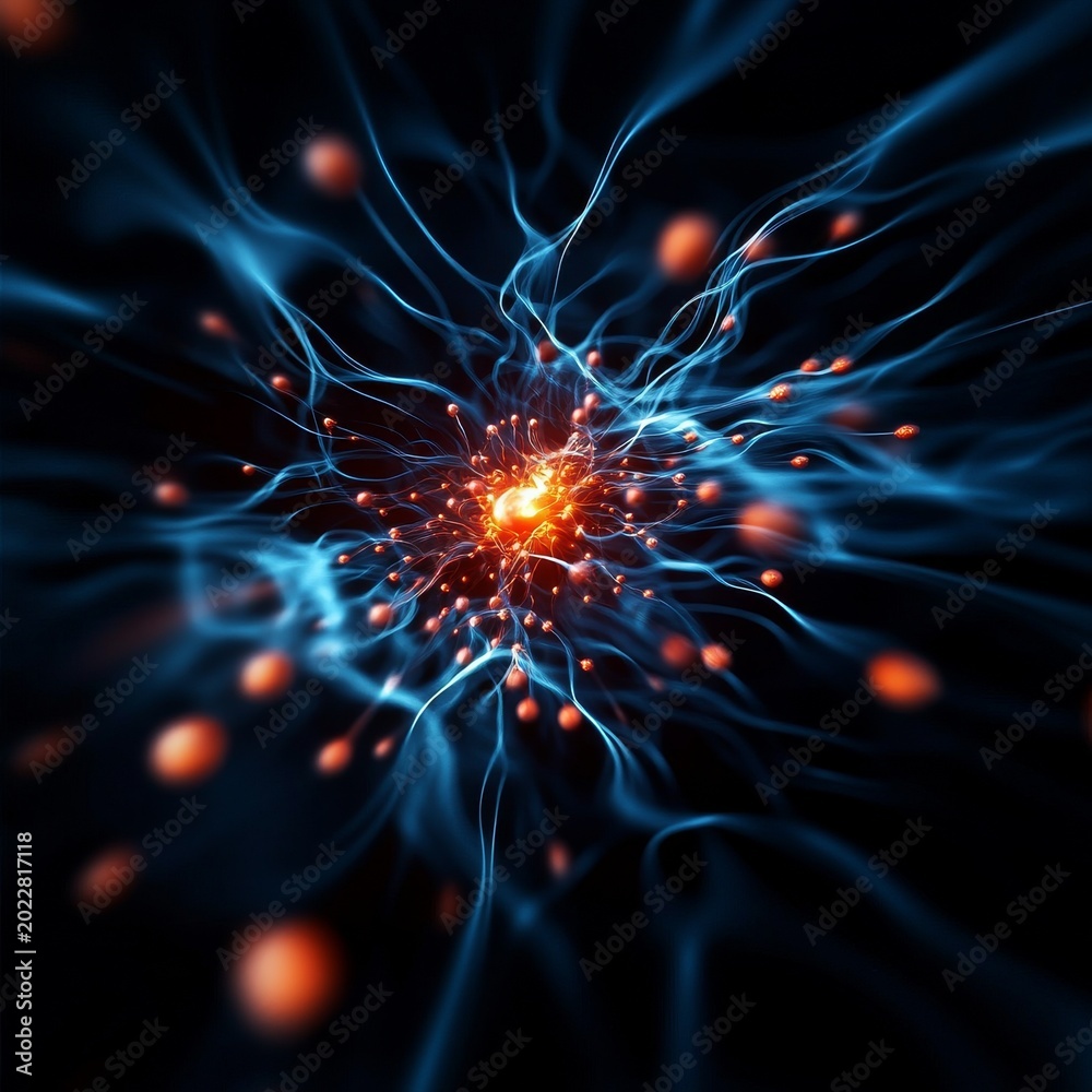 Fototapeta premium Energetic neural burst a glowing orange core radiates countless particles, interconnected by dynamic, swirling blue tendrils against a deep black void. Synapse, Connection