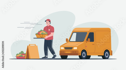 A courier in a red uniform walks towards a yellow delivery truck while carrying a bowl of prepared food in a minimalist flat design against a pale grey background.
