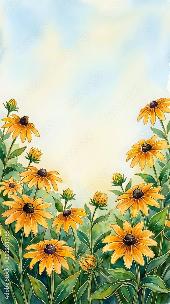 Fototapeta premium Watercolor yellow daisy flowers frame border with soft blue sky background for spring summer greeting cards and botanical design projects.