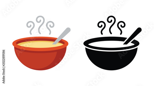 Bowl of soup with steam color and silhouette versions