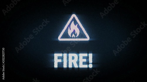 Fire alert symbol light flashing on analog screen. Flame danger warning icon on retro VHS style. Loopable and seamless abstract concept with noise and glitch.