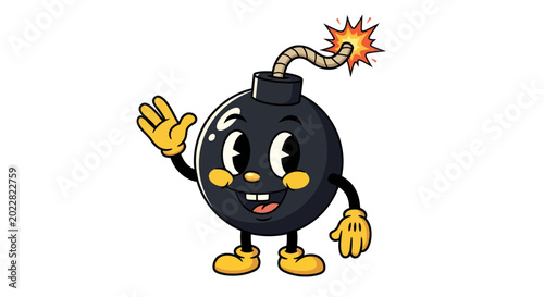 Photography Retro cartoon bomb character waving hello with lit fuse