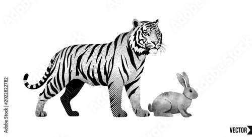 Фотография Tiger and Rabbit Illustration - Contrast of Power and Gentleness