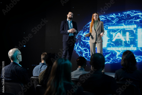 фотографія Artificial intelligence panel debate with experts discussing ai-powered solutions, neural networks and new technology