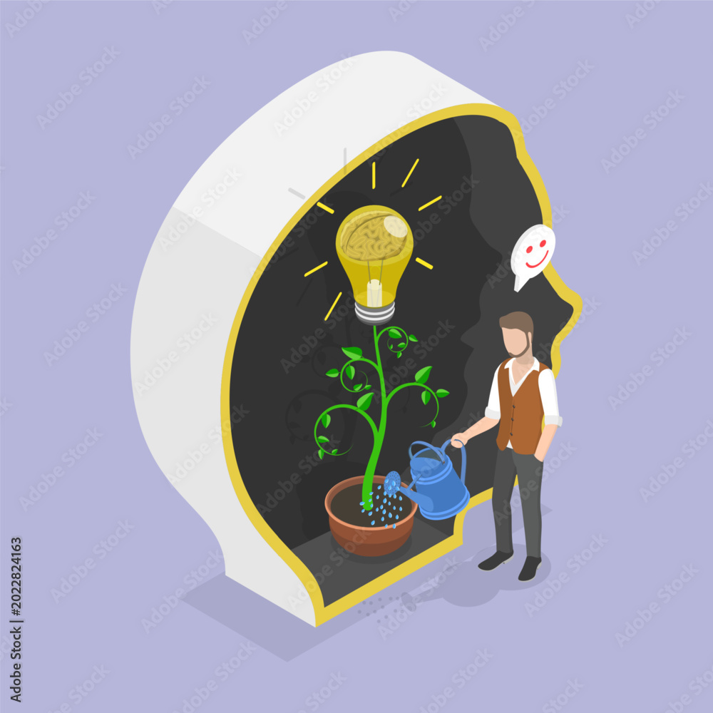 Fototapeta premium 3D Isometric Flat Vector Illustration of Growth Mindset, Watering Plants With A Light Bulb
