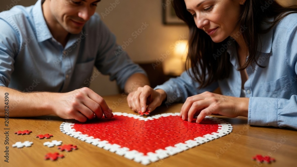 Fototapeta premium Couple assembling heart puzzle together at wooden table