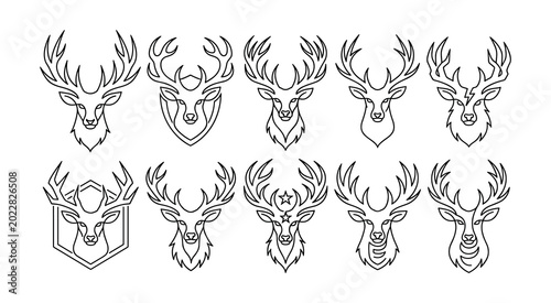 Group of ten abstract deer head graphics with dotted outlines and intricate facial details presented on a white background line art abstract stylized collection creature wildlife decoration