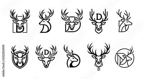 Set of ten deer head emblems with monograms and geometric shapes line art monogram geometric identity template illustration collection silhouette