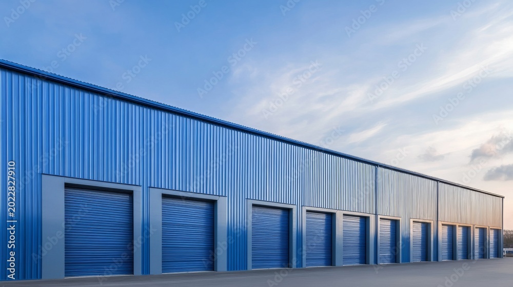 Fototapeta premium Striking Blue Self-Storage Facility A modern, long row of corrugated metal units and roll-up doors, showcasing clean industrial architecture under a wide sky. Self-Storage, Industrial