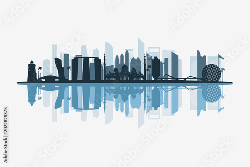 Tableau sur toile Abu Dhabi, United Arab Emirates skyline silhouette with modern landmarks reflection on white background in minimalist style
