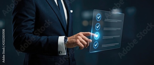 Business professional engaging with digital checklist corporate office action image modern environment close-up viewpoint efficiency concept