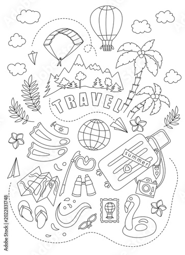 Travel-Themed Coloring Page In Progress And Necessary Vacation Items