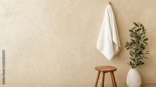 Minimalist spa-inspired bathroom scene with white towel, wooden stool and olive branches against a beige textured wall, creating a serene, natural decor backdrop. Home Decor,