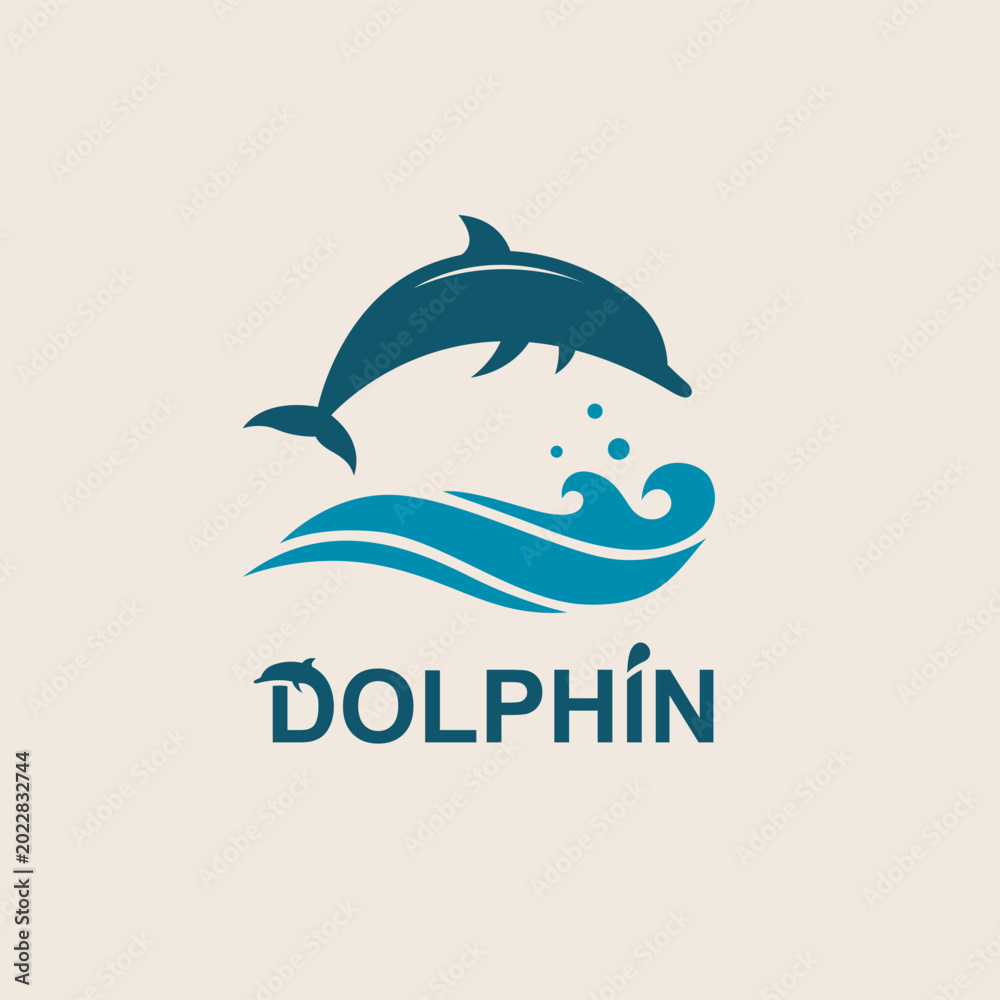 Fototapeta premium emblem of dolphin and sea waves isolated on light background 
