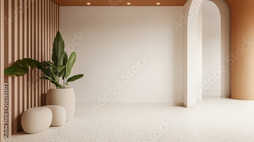 Modern Minimalist Interior Empty cream wall, potted plant by wood slats, warm archway, terrazzo floor. Neutral serene backdrop for product display. Clean design. ,Mockup ,Branding