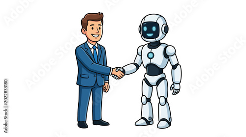 Professional businessman in a blue suit shaking hands with a friendly futuristic artificial intelligence robot