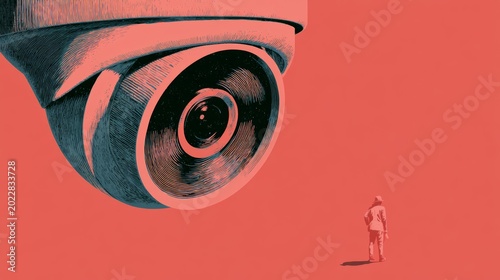 CCTV camera pointing at a small human, concept of surveillance and lack of freedom