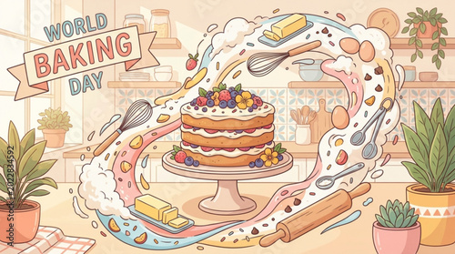 Vibrant baking ingredients and tools swirl around a delicious layered cake in a cozy kitchen, celebrating World Baking Day with a joyful, whimsical atmosphere.